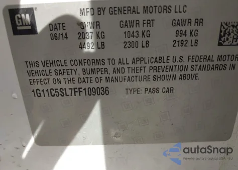 2015 Chevrolet Malibu 1Lt z USA, uszkodzony, nr VIN 1G11C5SL7FF109036